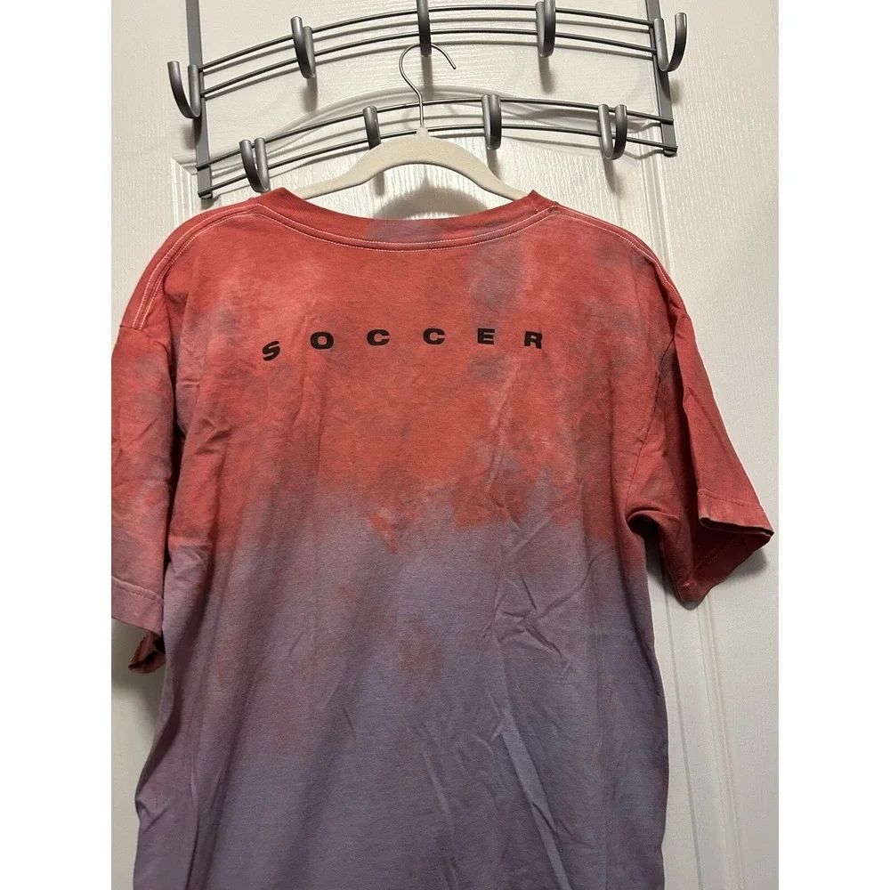 Adidas Shirt Mens S Tie Dye Spell Out Logo Soccer Graphic Tee Pink Red Ombre Y2K
